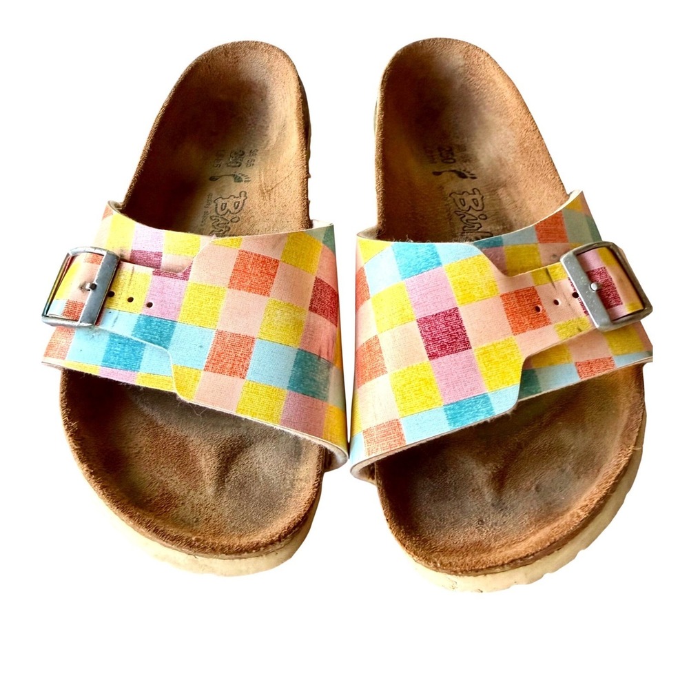 Birkis Birkenstock Gingham Plaid Slide Sandals Pastel Size 39 L8.5 Boho